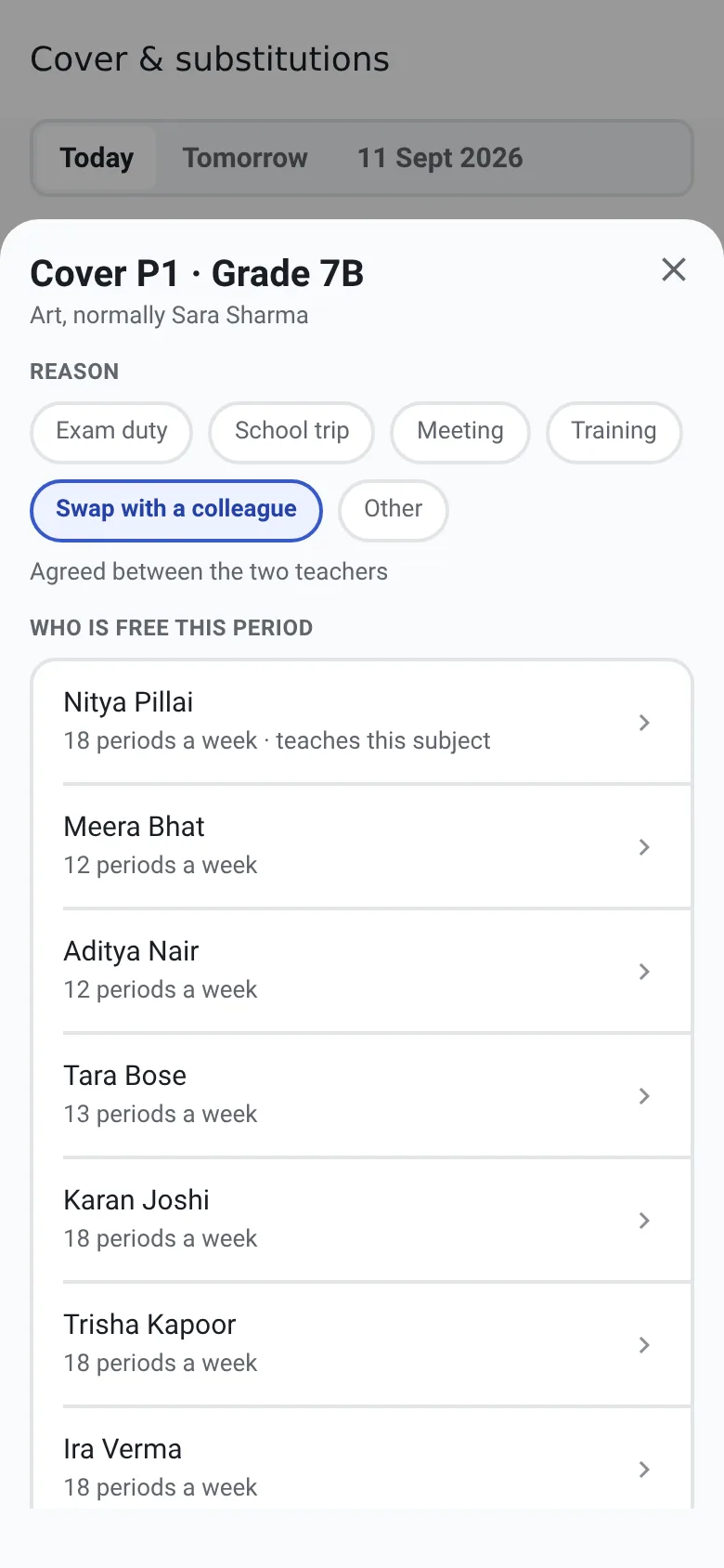 Arranging cover for a period in the Anytime ERP app, with free teachers listed