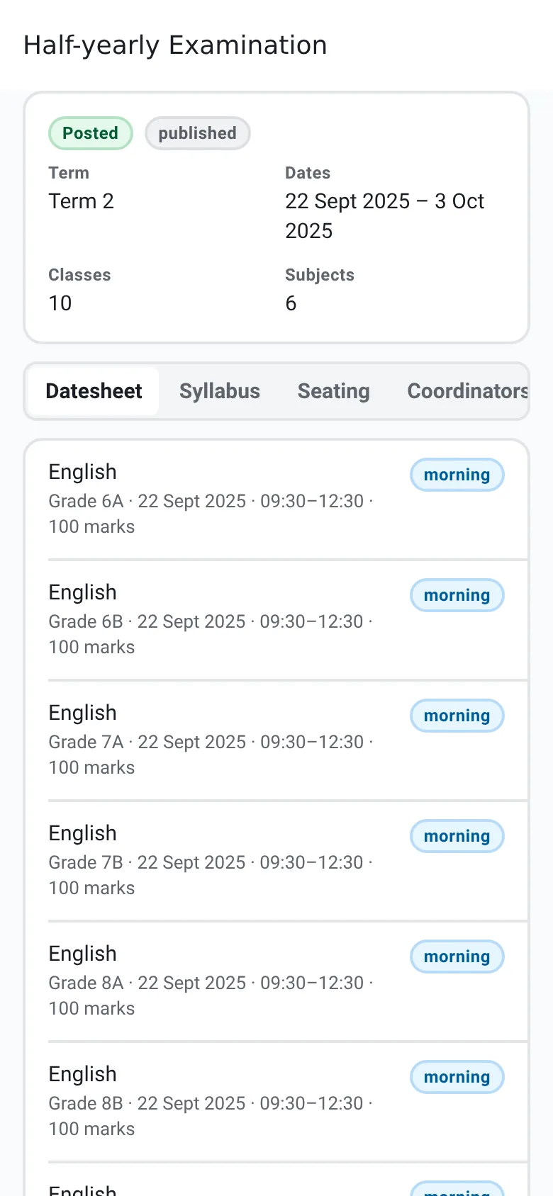 The half-yearly examination datesheet on the phone